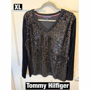 Tommy Hilfiger V Neck Black Sequin Women's Top